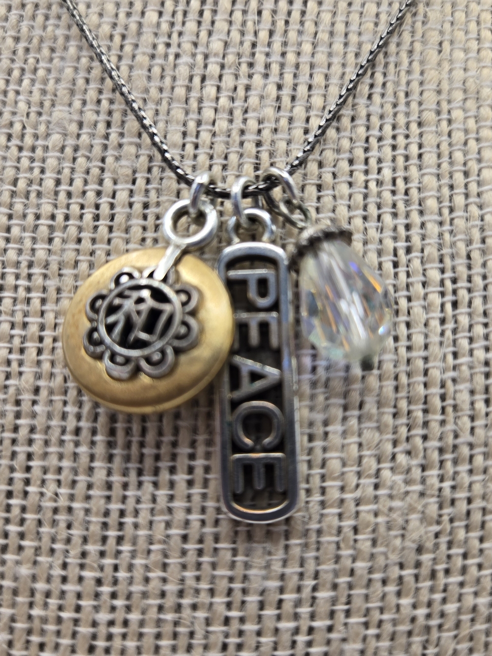 Brighton PEACE Charm Necklace with Crystal Accent Vintage Asian Inspired Hippie